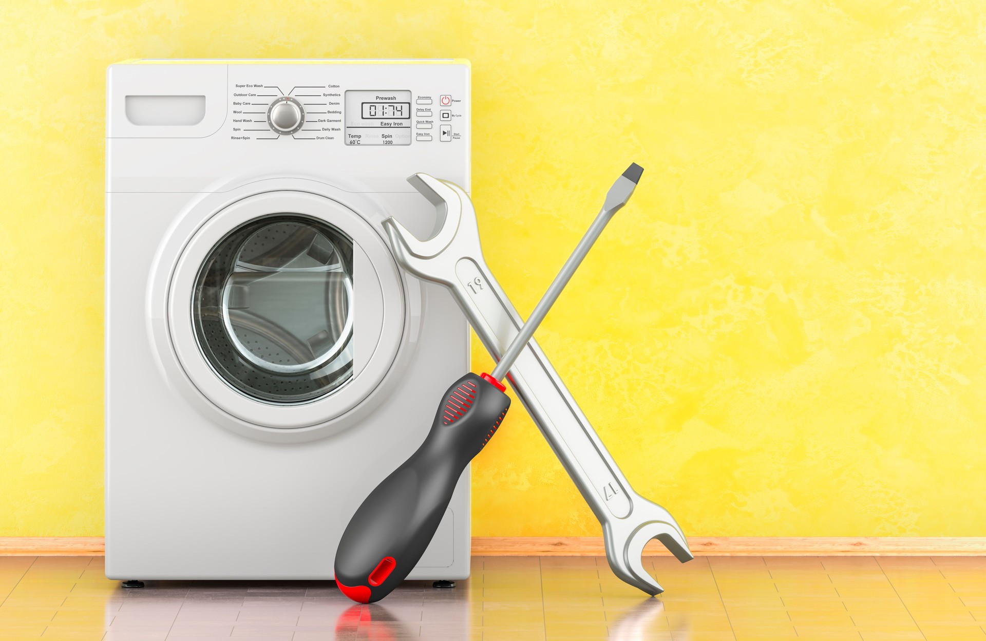 Washing machine with screwdriver and wrench in interior. Repair and service of washing machine concept. 3D rendering