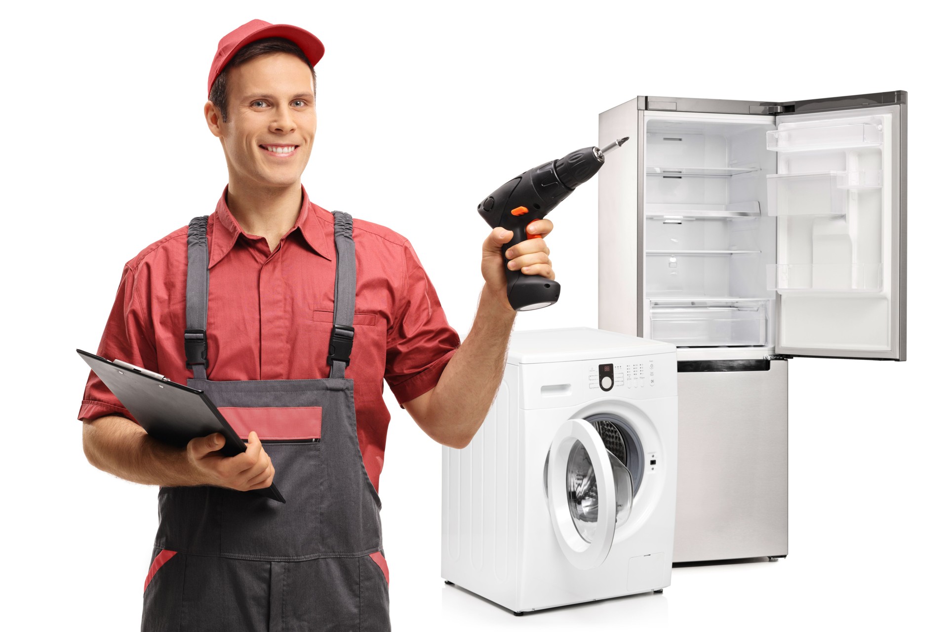 Repairman with a clipboard and a drilling machine